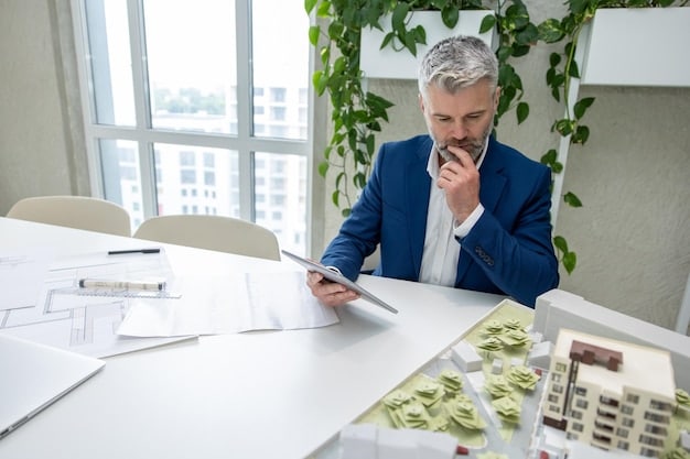A real estate investor reviewing tax documents with a calculator and financial charts in the foreground, highlighting strategies to minimize capital gains tax. The setting is a well-lit office, emphasizing financial planning and investment strategy.