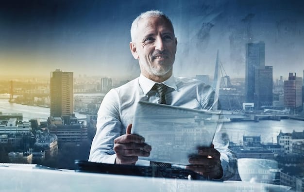 A headshot of a well-dressed financial analyst in their late 40s, giving a reassuring smile, superimposed on a background of a fluctuating stock market graph and city skyline.