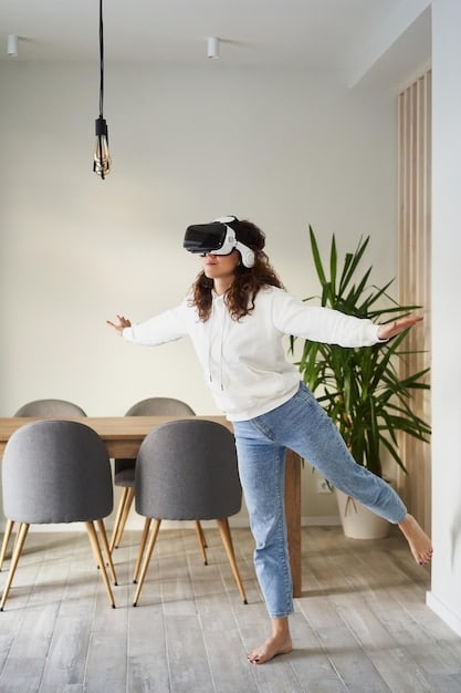 A person wearing a VR headset, experiencing a virtual tour of a modern apartment with interactive elements, such as changing wall colors and furniture styles.