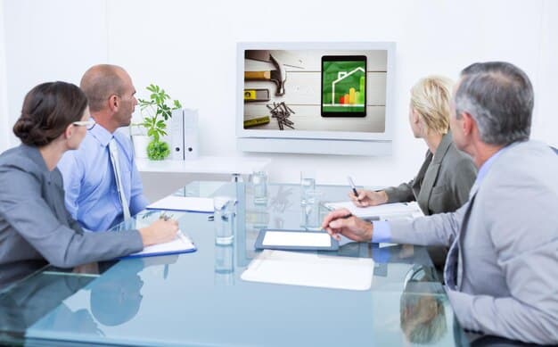 A graph showing fluctuating real estate market trends with upward and downward arrows, overlaid on a photo of a diverse group of people discussing investment strategies in a modern office.