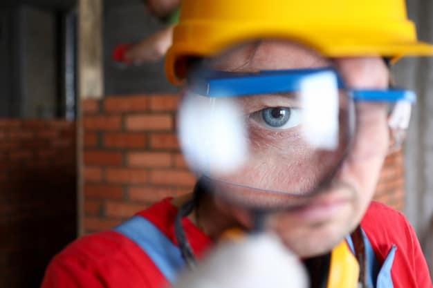A close-up shot of a construction worker wearing a hard hat and safety glasses, reviewing blueprints at a construction site. The background is blurred, showing other workers and construction equipment.