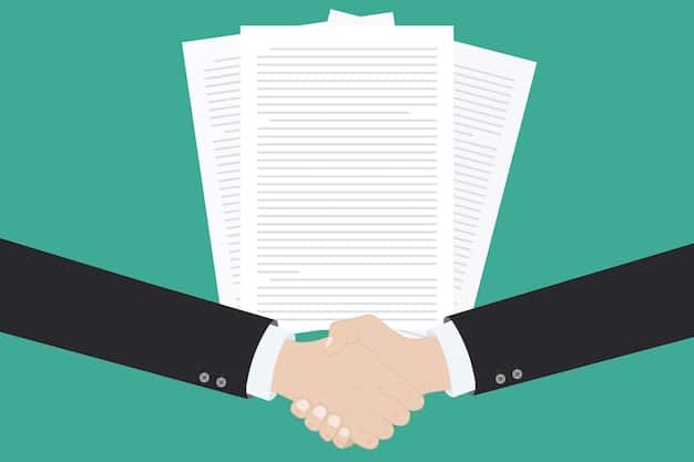 Two hands shaking over a financial document, symbolizing a partnership and agreement between business and personal finances.