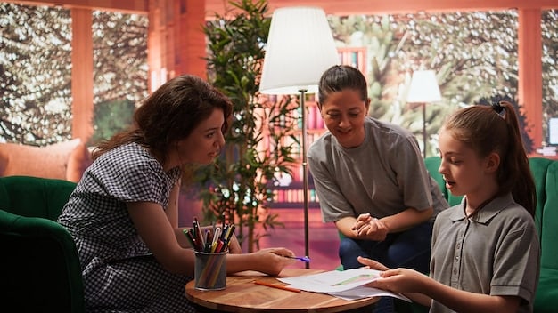 A family sitting around a table, discussing their finances and future goals, highlighting the importance of family involvement in financial planning.