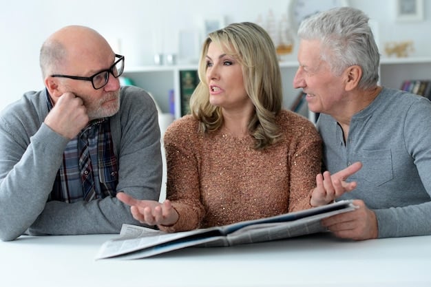 A family consisting of a senior couple and their adult child discussing retirement plans over a table, with documents related to Social Security and financial planning spread out, portraying intergenerational financial advice.