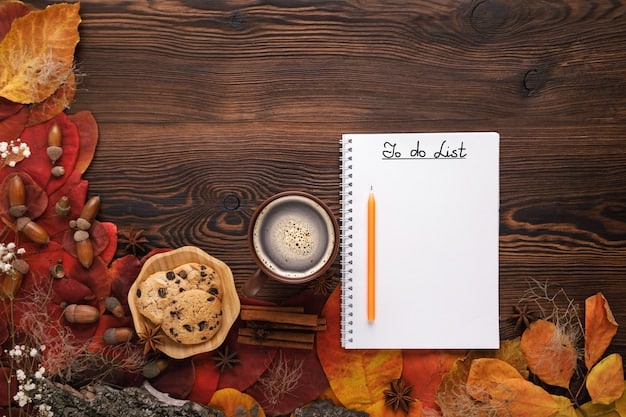 An open notebook on a wooden desk. On the left page, there's a list with checkmarks next to items such as 