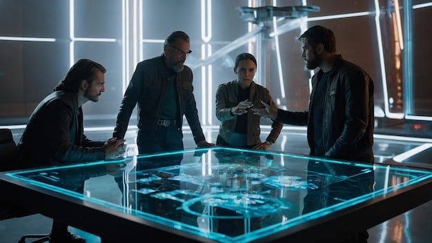 A diverse group of people collaborating around a table, with holographic AI interfaces providing data and insights. The image should emphasize teamwork and the integration of AI as a collaborative tool.