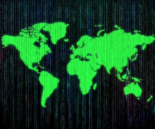 A global map with glowing points highlighting regions with strict data privacy regulations such as GDPR, CCPA, and others. Lines connect these points, illustrating the interconnectedness of data flow and regulatory reach worldwide.