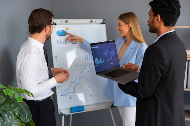 A team of business professionals collaborating around a large screen displaying data visualizations and analytics dashboards, discussing insights and formulating strategies.