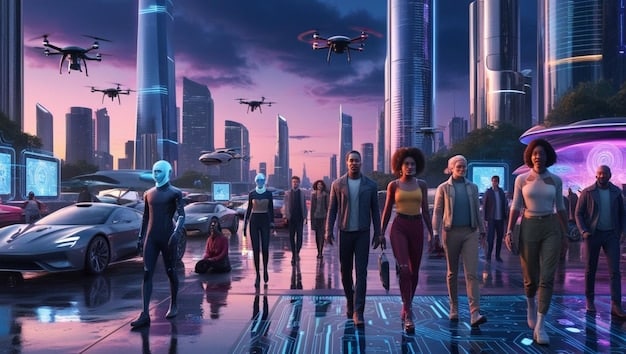 A futuristic cityscape with holographic advertisements and self-driving vehicles. People are interacting with technology seamlessly, showcasing a blend of the physical and digital worlds.