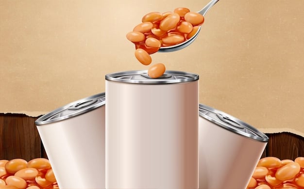 A split image showing a can of name-brand beans next to a can of generic store-brand beans. Underneath, text highlights the price difference: 