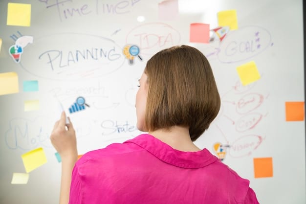 A person brainstorming ideas on a whiteboard, surrounded by sticky notes with various skills, interests, and potential side hustle ideas written on them. The person is smiling and engaged in the process.