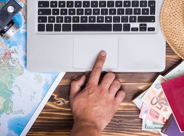 A person sitting at a laptop, surrounded by travel brochures and maps, looking intently at the screen, with a credit card in hand, symbolizing the research and planning involved in travel hacking.
