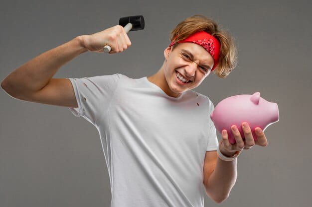 An image showing a teenager standing next to a piggy bank that is overflowing with coins and dollar bills. The teenager is smiling and appears proud of their accomplishment, while in the background there is a poster illustrating different savings goals, such as a car, a laptop, and a college degree.