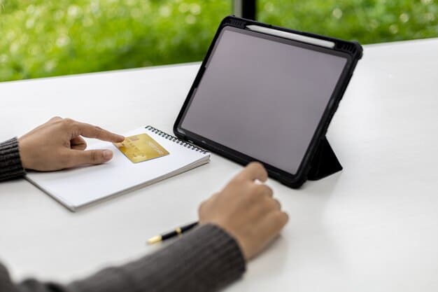Close-up of a hand pointing at a suspicious transaction on a credit report displayed on a tablet screen, with a magnifying glass hovering over the transaction.