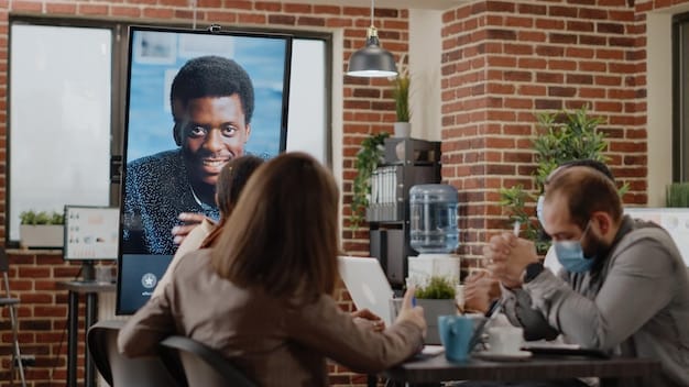 A manager conducting a virtual team meeting, showing diverse employees participating from different locations. The scene emphasizes effective communication and engagement in a remote setting.