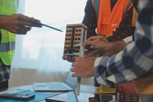 A close-up shot of construction workers collaborating on a new residential building site, showing the integration of modern construction technologies and traditional building practices.