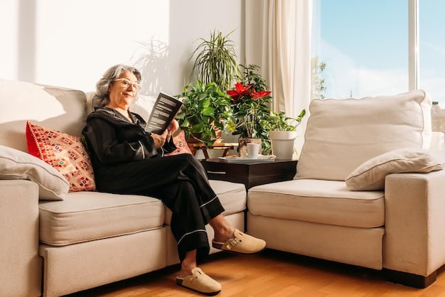 An elderly woman sitting in a comfortable chair in her living room, talking on the phone with a healthcare provider. Her grandson is sitting next to her, assisting her with the call, conveying a sense of intergenerational support and planning for long-term care.